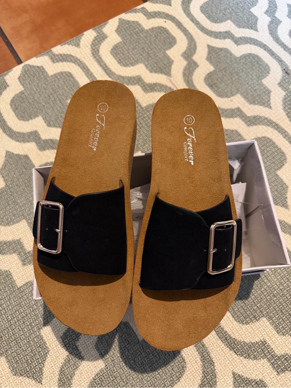Forever Comfort Black Slide Sandals with Silver Buckle